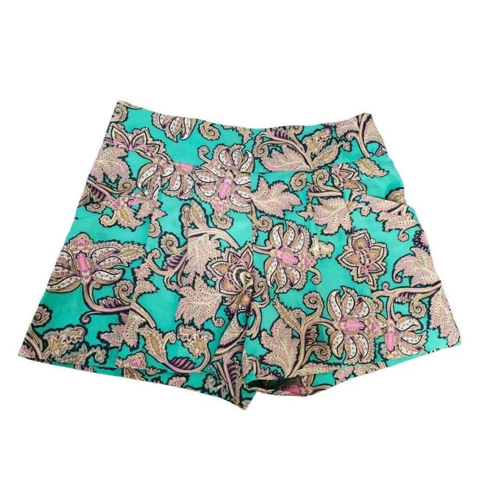 Loft Size 8 Teal Pink Paisley High Rise Pleated Front Shorts‎